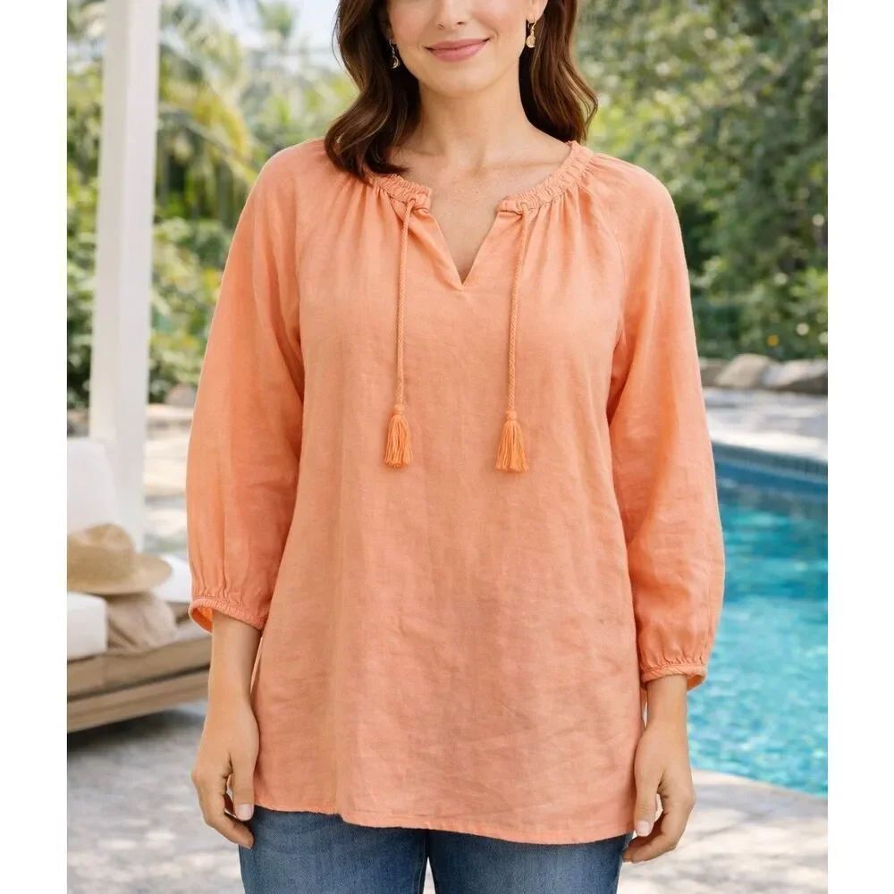 Lands end 100% linen peasant tassel blouse size m